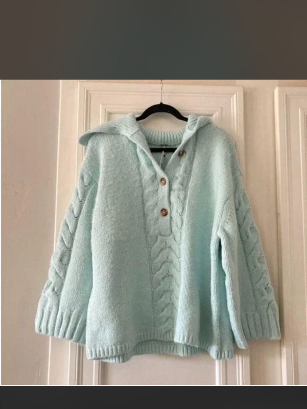 Free People Light Blue Hooded Cable Knit Pullover